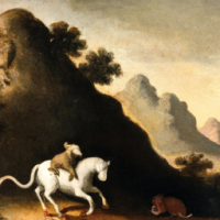 A mouse riding a horse in a mountainside scene, painting by Rembrandt